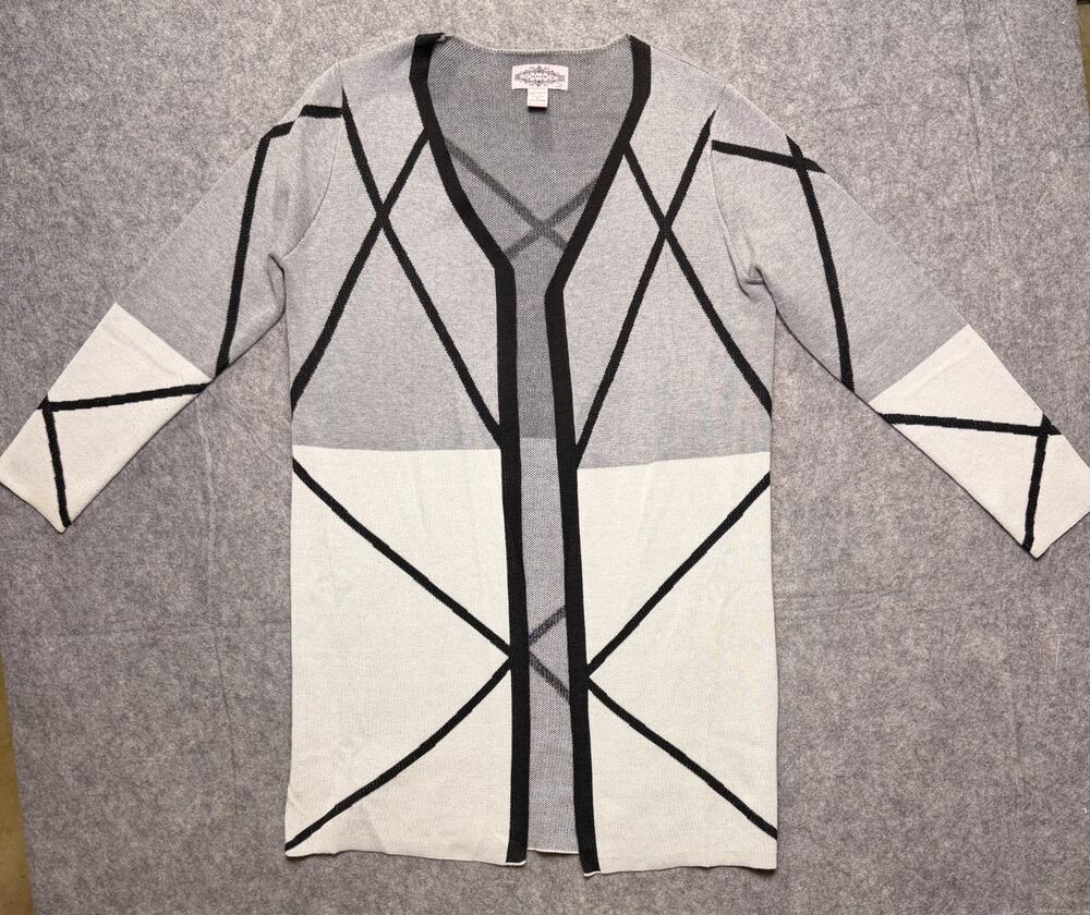 Oliver By Escio Womens M Long Duster Cardigan Gray Black Geometric Open Front